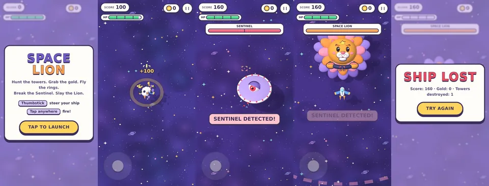 Start screen, a tower exploding, the Sentinel, the Space Lion and game over